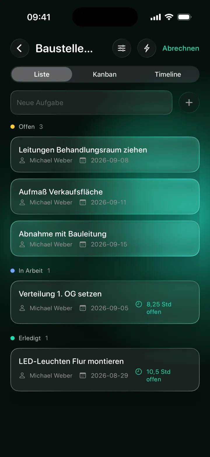 Board in the USELY app with tasks, status, person, due date and open hours