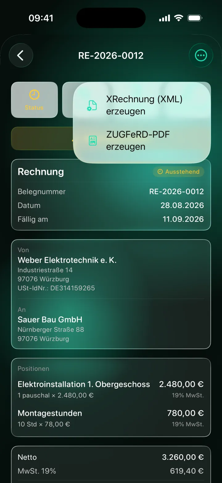 E-invoice menu in USELY: generate XRechnung XML or a ZUGFeRD PDF