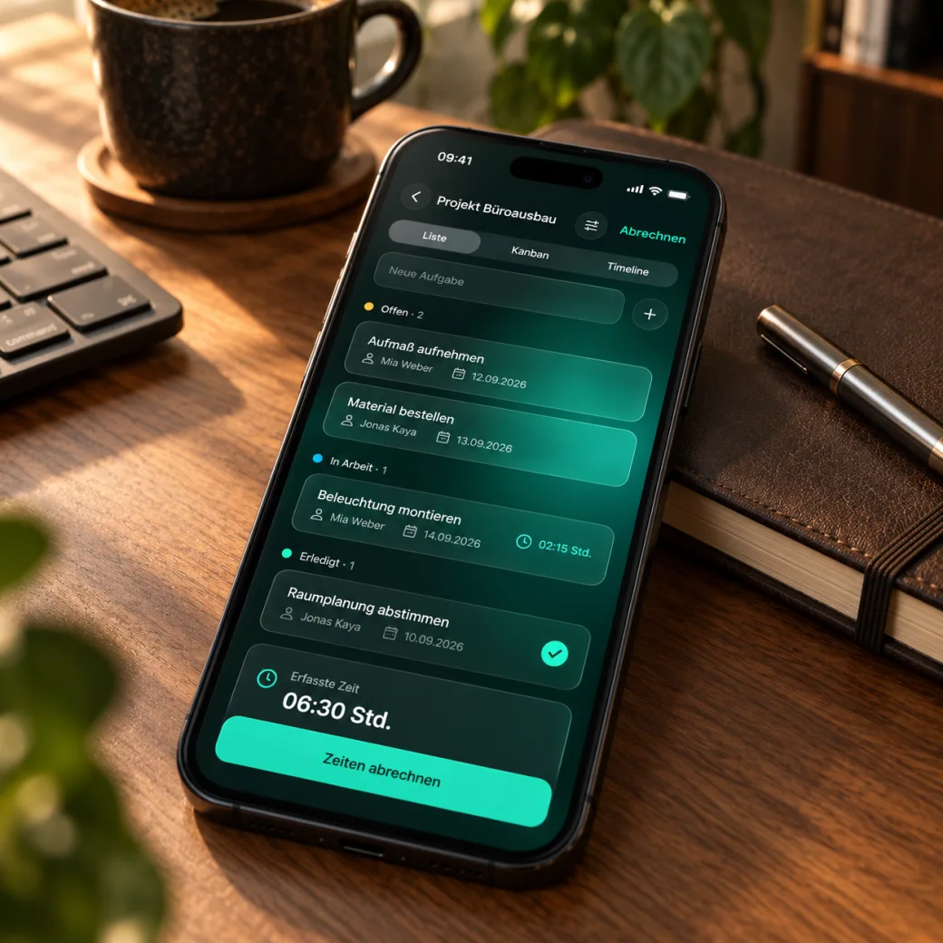 iPhone auf dem Schreibtisch mit dem USELY-Board Projekt Büroausbau: Aufgaben offen, in Arbeit und erledigt, erfasste Zeit 06:30 Std., Zeiten abrechnen