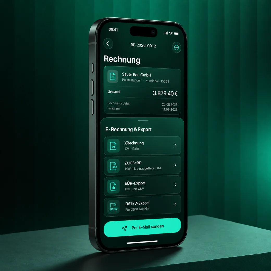 iPhone mit der USELY-Rechnung RE-2026-0012 und dem Bereich E-Rechnung und Export: XRechnung, ZUGFeRD, EÜR-Export, DATEV-Export, per E-Mail senden