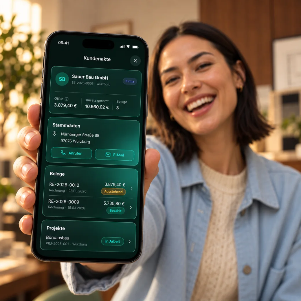 Lachende Unternehmerin zeigt die USELY-Kundenakte Sauer Bau GmbH auf dem iPhone: offen 3.879,40 €, Umsatz gesamt 10.660,02 €, Stammdaten, Belege und Projekte