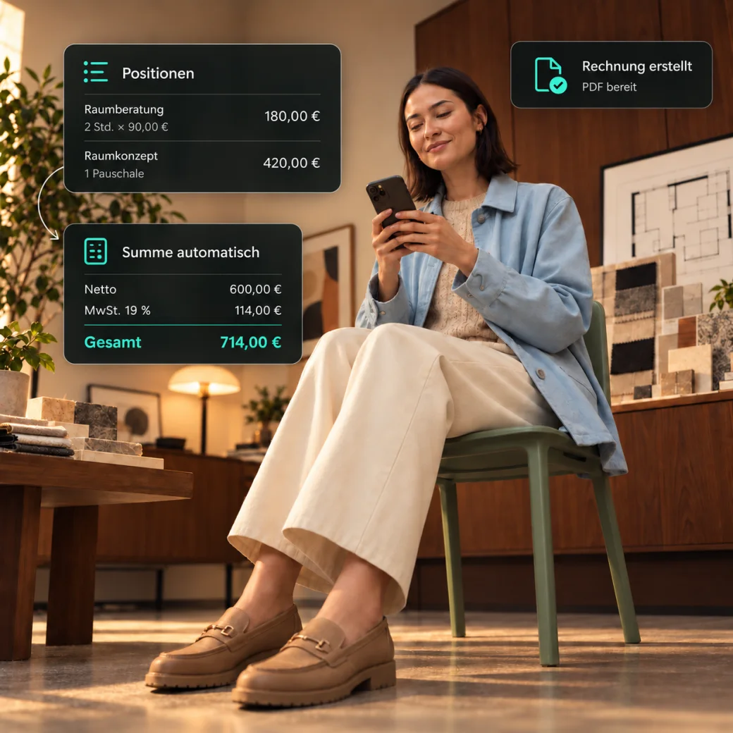 Innenarchitektin mit dem iPhone: Positionen Raumberatung und Raumkonzept, Summe automatisch, Rechnung erstellt