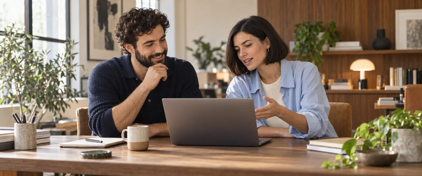 Zwei Selbstständige besprechen am Laptop ihr nächstes Angebot