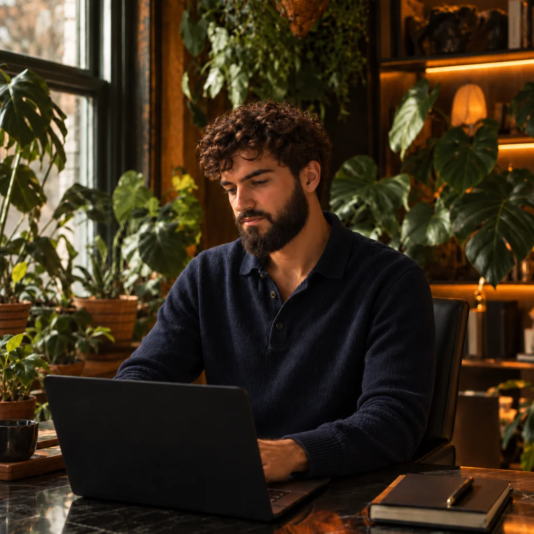 Selbstständiger am Laptop, um ihn herum die USELY-Bereiche Rechnungen, Projekte, Kunden, Aufgaben, Export und Belege